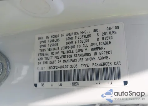 2010 Honda Accord 2.4 Lx-P из США, поврежденный, VIN 1HGCP2F40AA013035